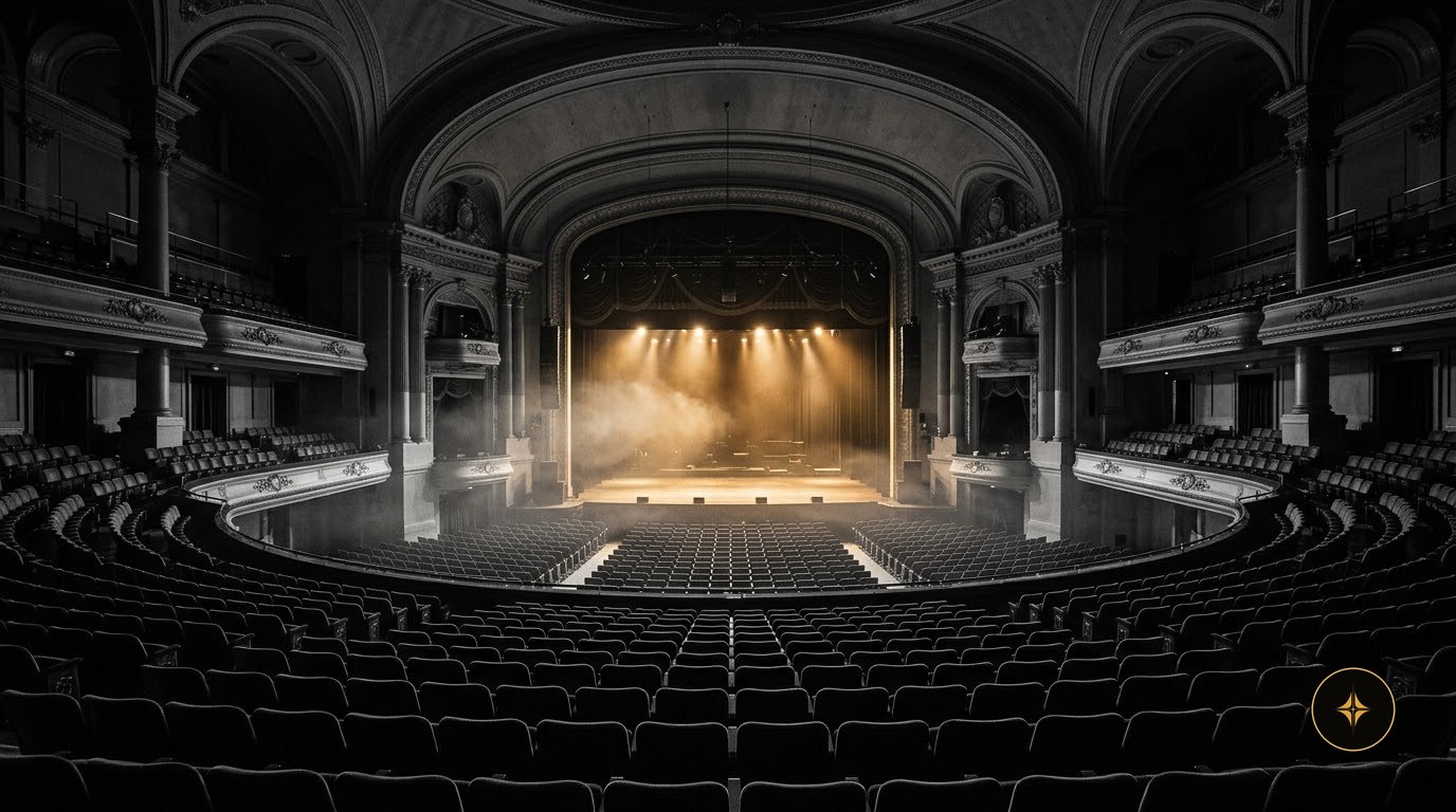 An empty auditorium, the stage glowing in gold light