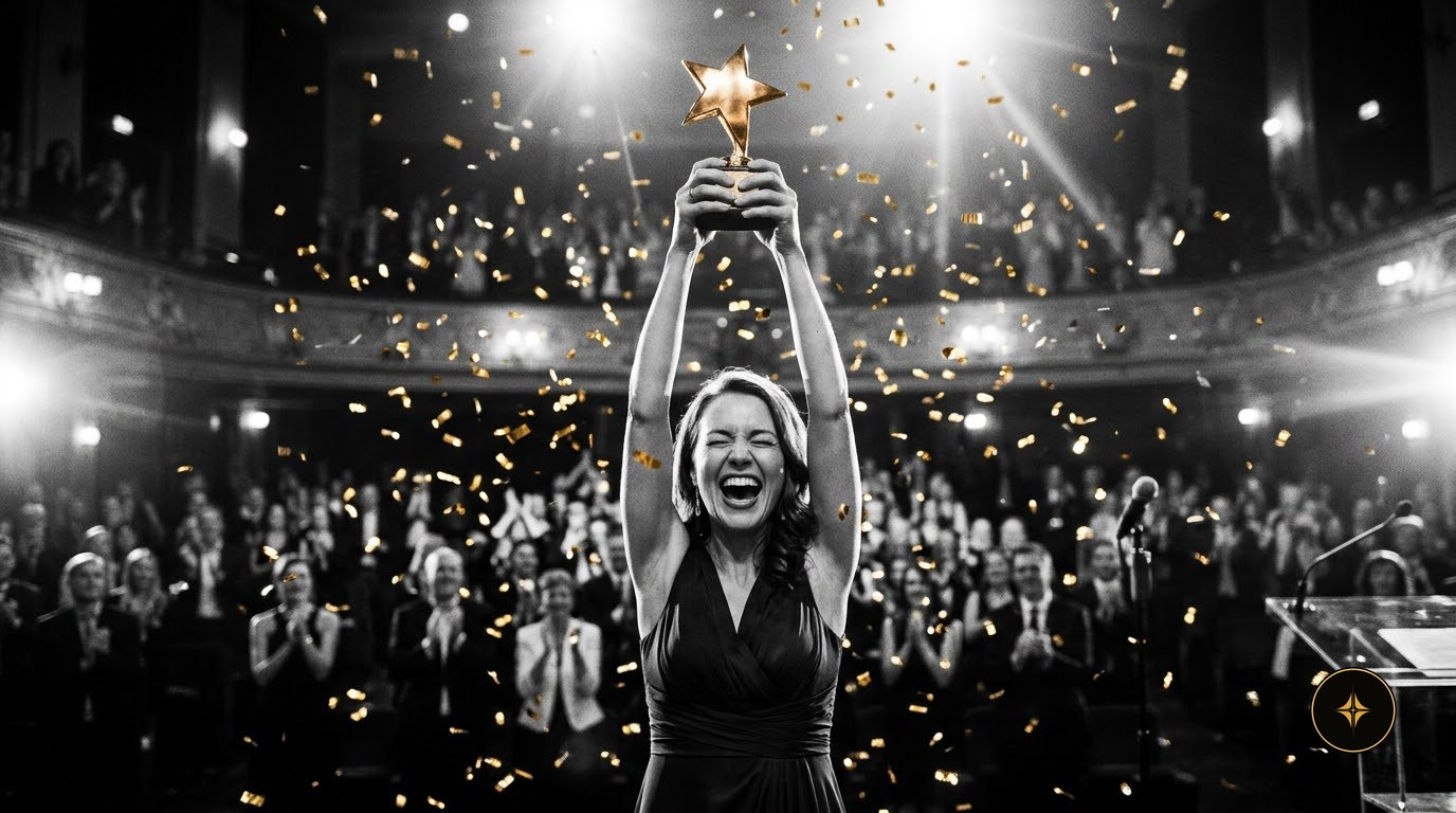 A winner lifting the trophy as confetti falls
