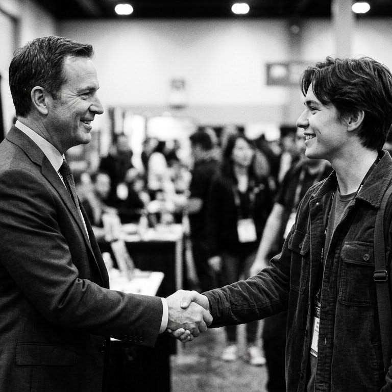 A brand lead and a creator shaking hands on the expo floor