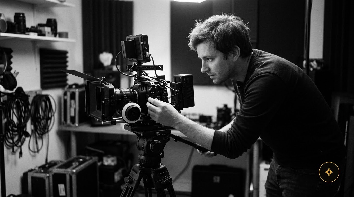 A filmmaker framing a shot on a cinema camera