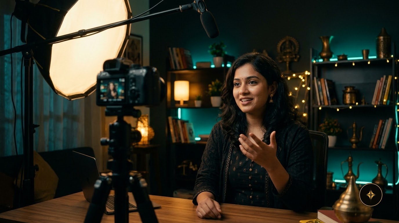 A creator recording in her studio
