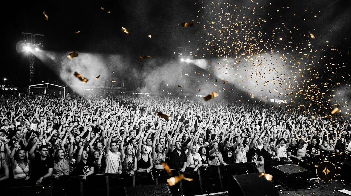 A packed hall on its feet as gold confetti falls