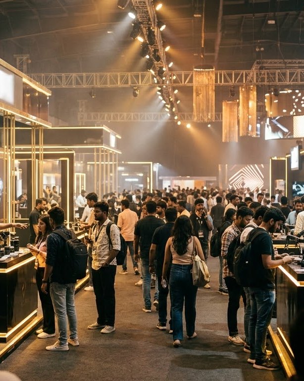 Visitors walking a black-and-gold expo hall