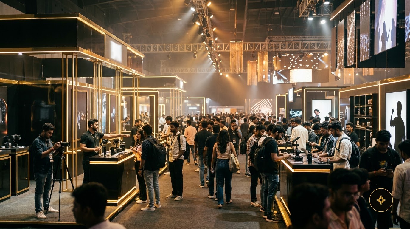 The expo hall in black and gold, full of visitors