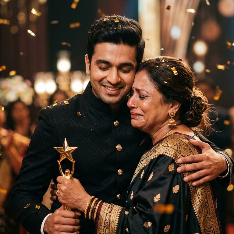 A winner holding the star trophy is hugged by his tearful mother as confetti falls