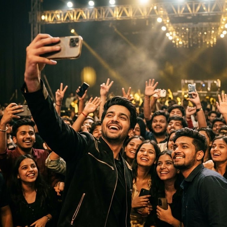 A creator taking a selfie with a cheering crowd behind him