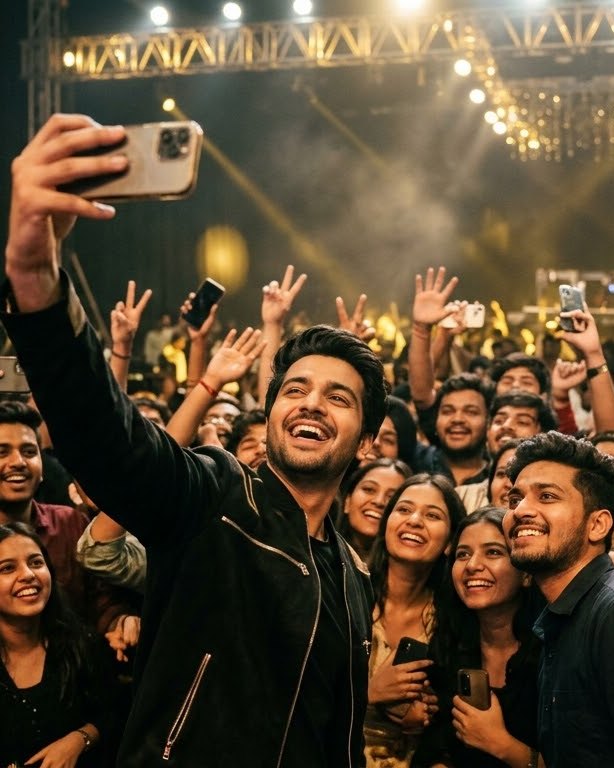A creator taking a selfie with a cheering crowd