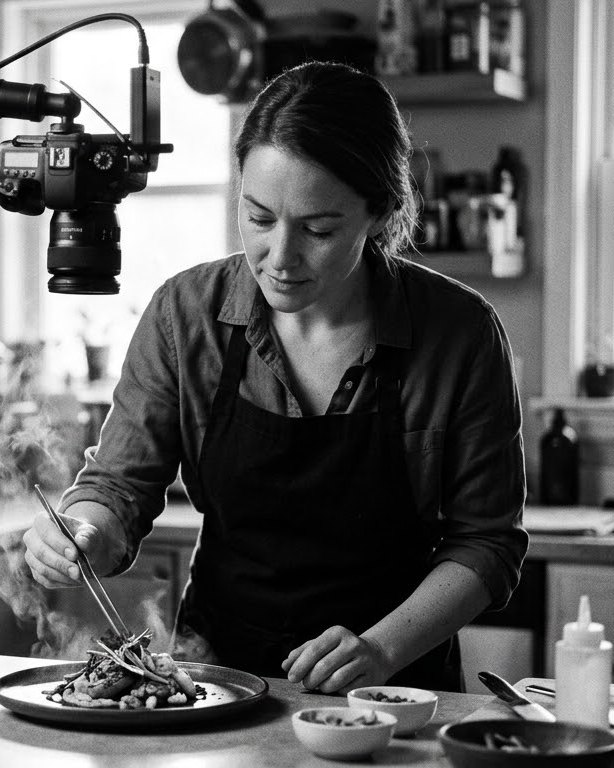 A food creator plating a dish under a camera