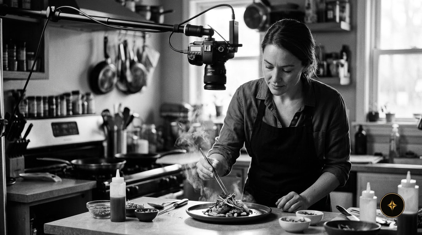 A food creator plating a dish under a camera