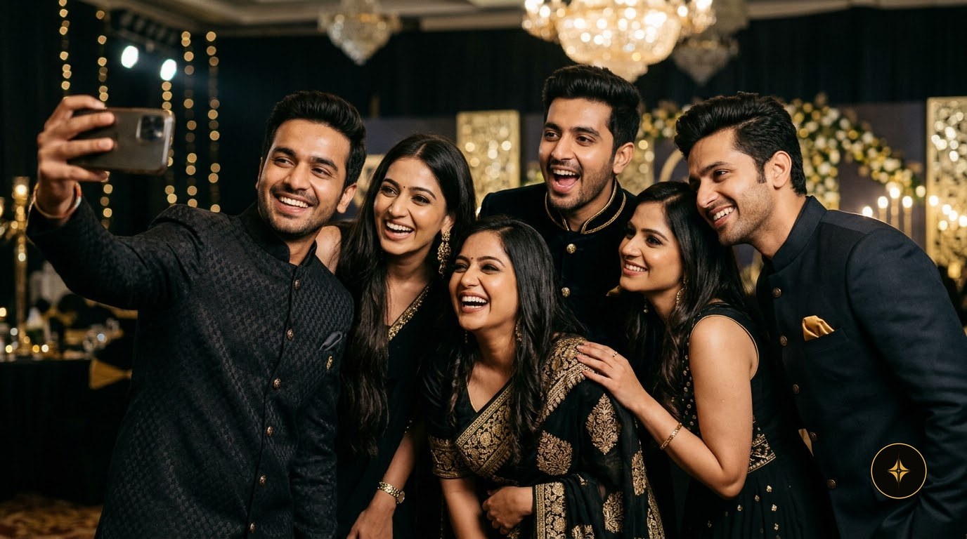 Six creators taking a selfie together