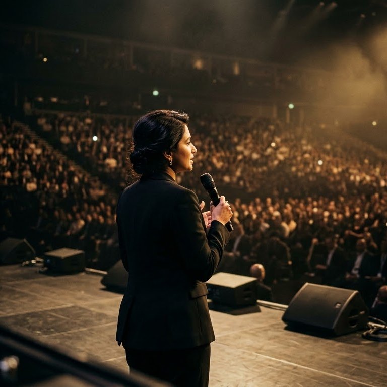 A speaker on stage in front of a full hall