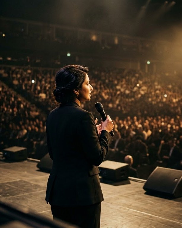 A speaker on stage facing a full hall