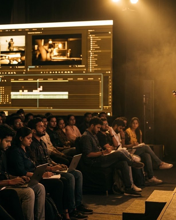 An audience following an editing masterclass on a big screen