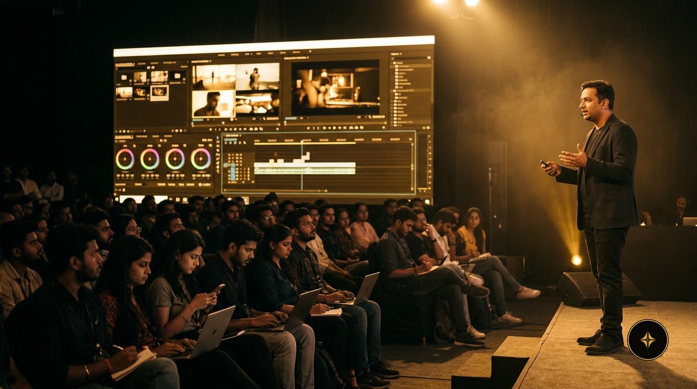 A mentor teaching editing on a big screen