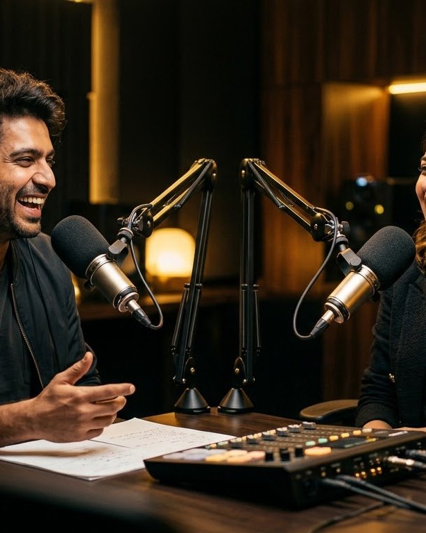 Two creators laughing while recording a podcast