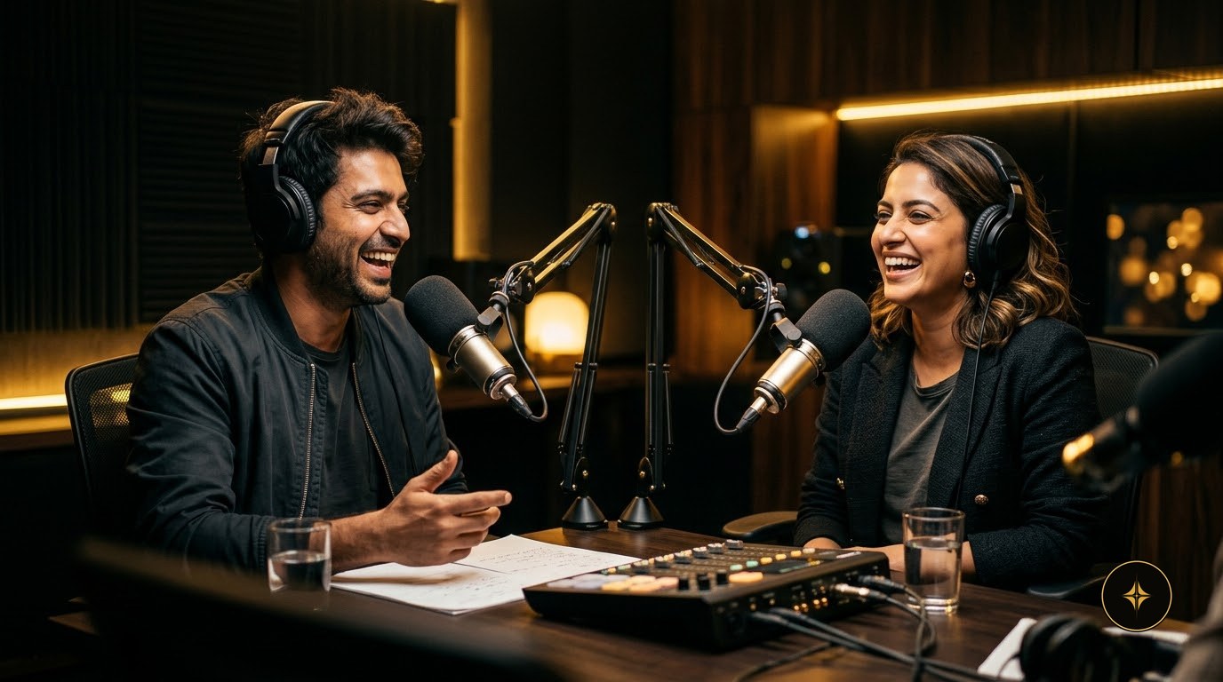Two creators laughing on a podcast