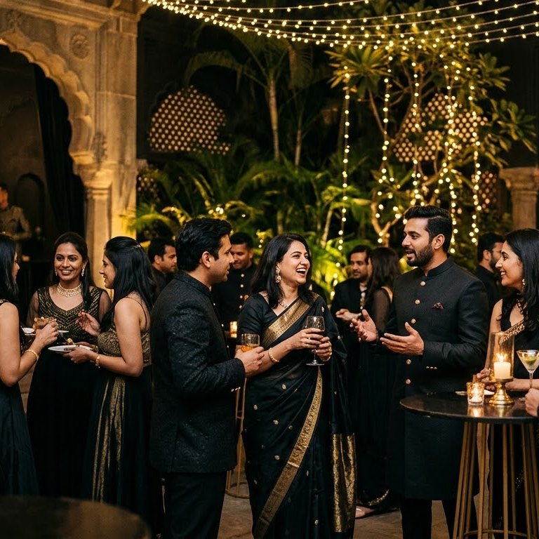 Guests talking at an evening reception under string lights