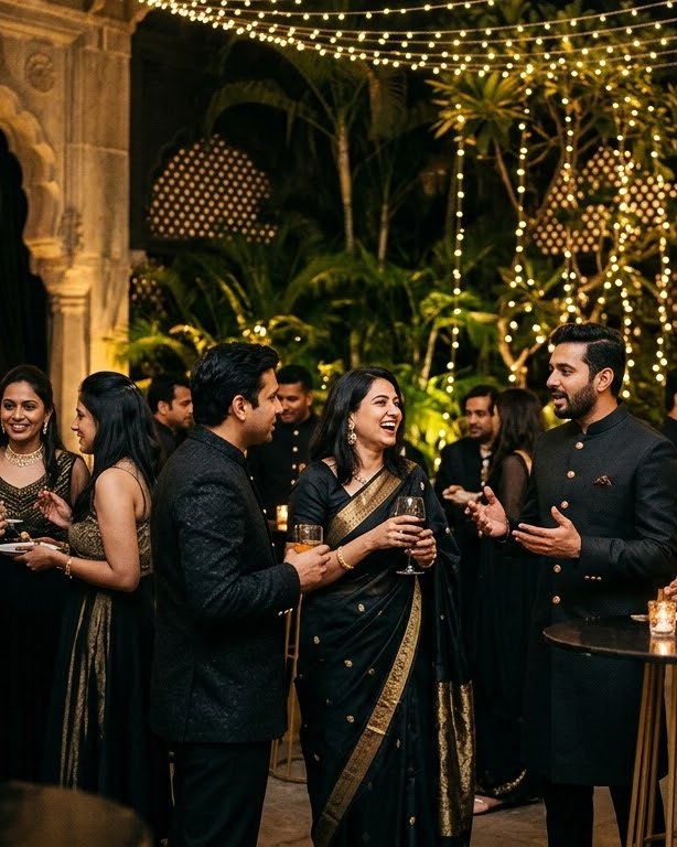 Guests talking at an evening reception under string lights
