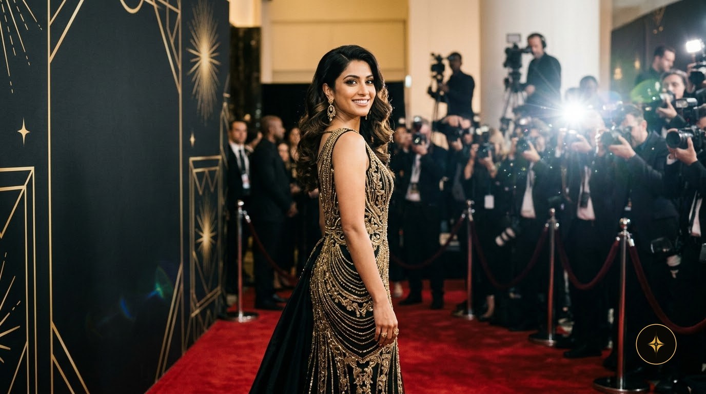 A creator on the red carpet, photographers behind her