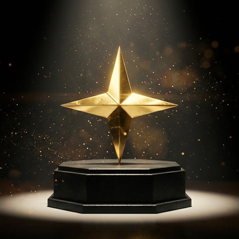 The gold star trophy on its plinth under a single light